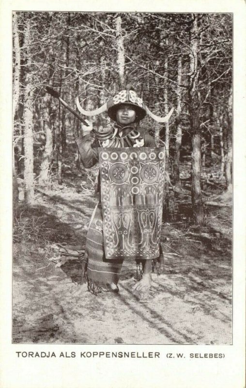 indonesia, CELEBES SULAWESI, Toraja Headhunter with Spear (1920s) Postcard