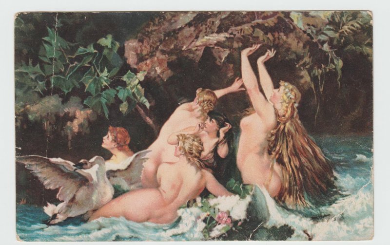 Vintage Postcard Hans Makart Nymphs in the Rushing Water with Goose 1930