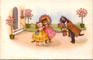 PC Well Dressed Boy Cat Bringing Flowers to Two Young Kitties Umbrella Pink Rose