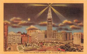 OH, Ohio  UNION TERMINAL TOWER & Hotel Cleveland~Night   c1940's Linen Postcard