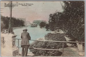 Ottawa Ontario Scene on Driveway 1919 Postcard Man Viewing Rideau Canal H82