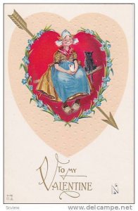 Valentine Greetings, Woman Sitting With A Black Cat (Heart Border), To My Va...