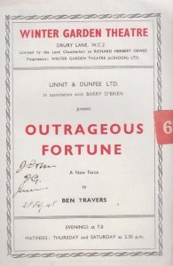 Outrageous Fortunes Ben Travers Comedy London Drury Lane Theatre Programme