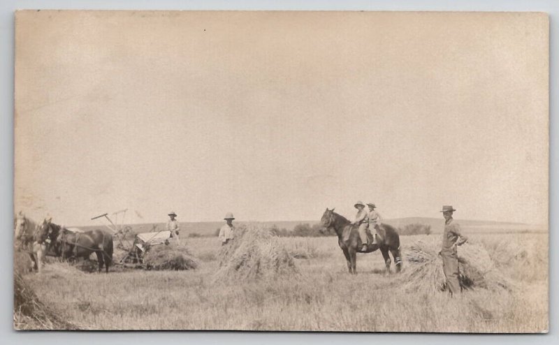 RPPC Farmers Horses With Hay Baler Young Boys On Horseback ND Postcard Y24