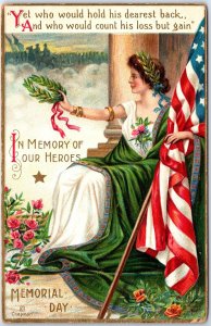 VINTAGE POSTCARD PATRIOTIC LIBERTY W/ US FLAG ON MEMORIAL DAY HEROES MAILED 1911