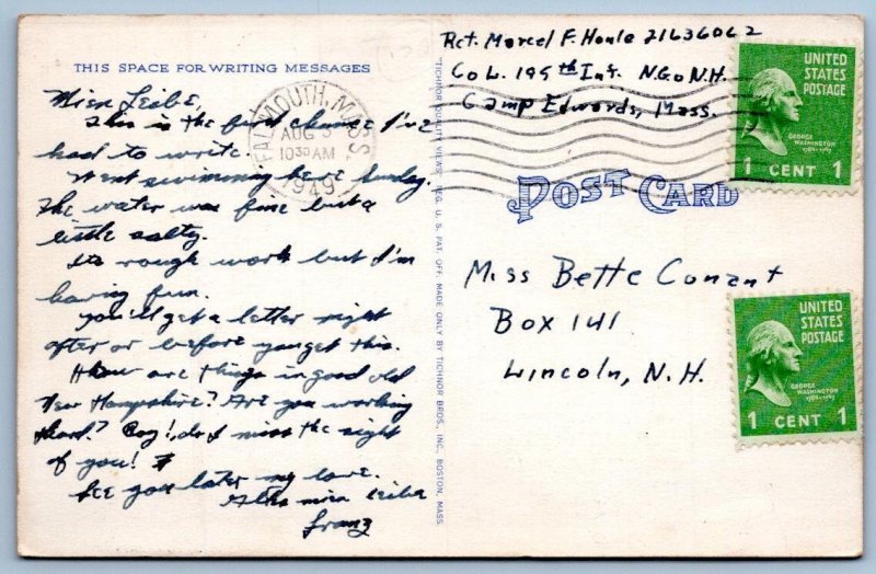 1949 FALMOUTH HEIGHTS CAPE COD MASSACHUSETTS BATHING BEACH LINEN POSTCARD