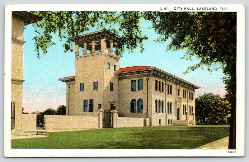 Lakeland Florida~Spanish Revival City Hall w/Italianate Belltower~1920s Postcard 