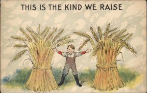 Exaggeration Farming Little Boy Giant Sheafs of Wheat Vintage Postcard