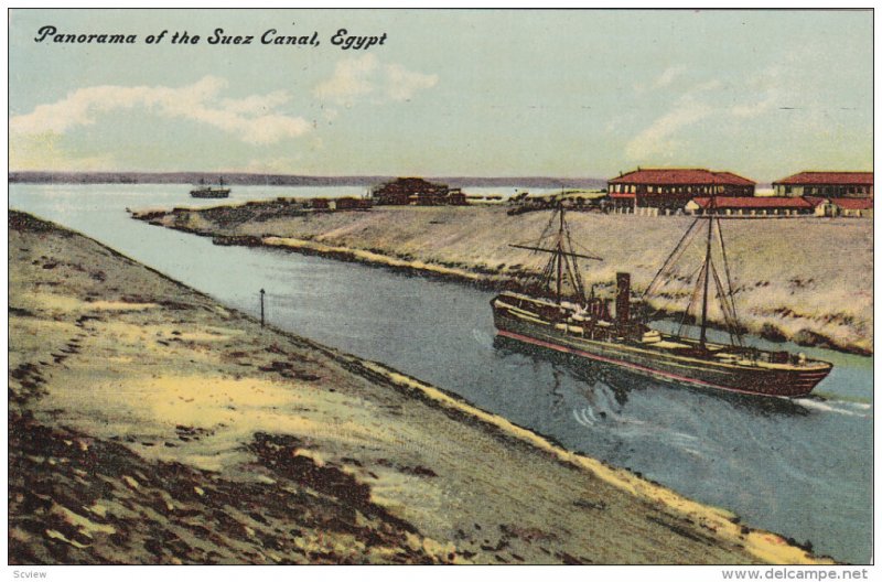 EGYPT, 1900-1910's; Panorama Of The Suez Canal, Ship