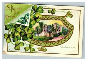 Vintage 1910's St. Patrick's Day Postcard 4 Leaf Clovers Mallow Castle Cork IRE