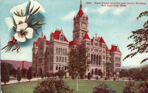 Vintage Postcard 1910 State Flower & City County Building Salt Lake City Utah UT