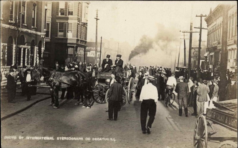 Decatur Illinois IL Busy Street Horse Wagons Fire Dept? Real Photo Postcard