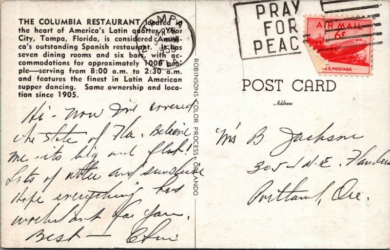 Vintage Columbia Restaurant Ybor City Tampa Florida Latin Quarter postcard C480 