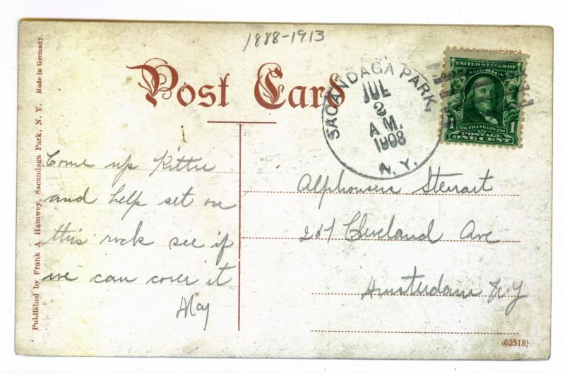 Sacandaga Park to Amsterdam, New York used 1908 Postcard, High Rock