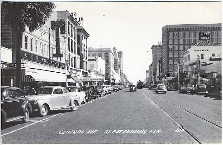 St Petersburg FL Central Ave Woolworth's Cars Trolley Real Photo RPPC Postcard