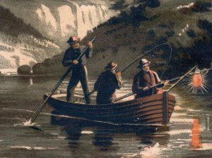 1870s Victorian Trade Card Night Pout Fishing Merrimack River Moonlight #W