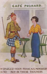 Scottish Military Soldier In Kilt French Cafe Pushard Old Comic Postcard