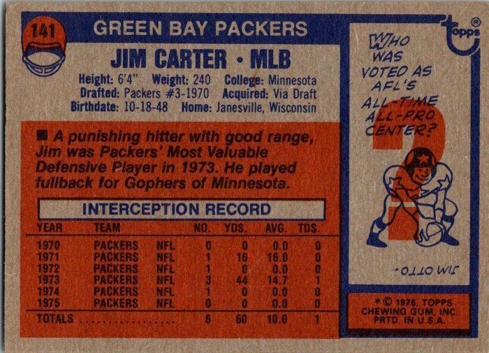 1976 Topps Football Card Jim Carter Green Bay Packers sk4362