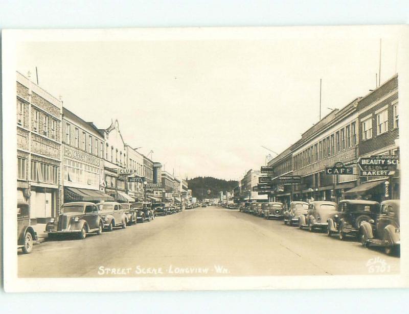 Pre-1950 rppc SHOPS ALONG STREET Longview Washington WA W0392