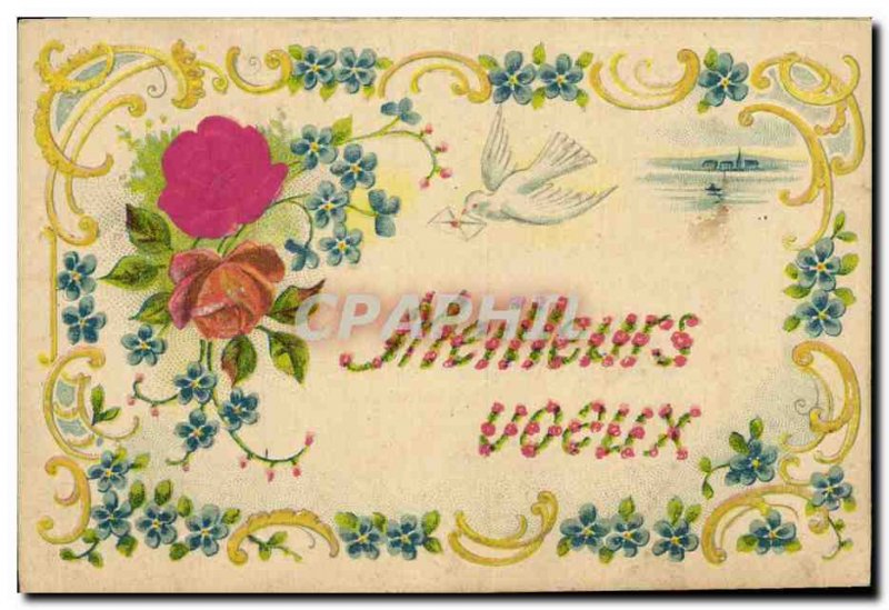 Old Postcard Fantasy Flowers Dove