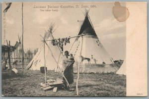 NATIVE AMERICAN INDIAN CAMP LOUISIANA PURCHASE EXPOSITION 1904 ANTIQUE POSTCARD