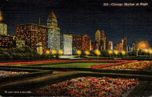 Illinois Chicago Skyline At Night 1951 Curteich