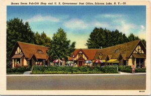Postcard NY Schroon Lake Brown Swan Pub Gift & U. S. Post Office LINEN 1950 F39