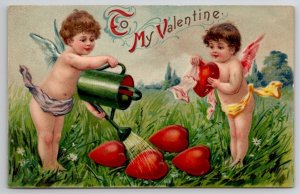 Valentine Cute Cherubs Watering Hearts In The Garden Embossed Postcard N28