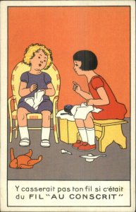 Art Deco Little Girls Sewing - Thread Adv? FIL AU CONSCRIT c1920s Postcard