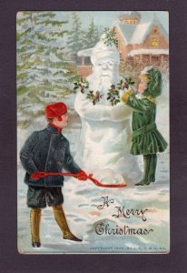 Antique Xmas postcard Boy/Girl and Snowman Ellen Clapsaddle 1908