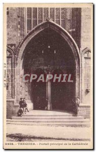 Postcard Old Treguier Main Portal of the Cathedral Children