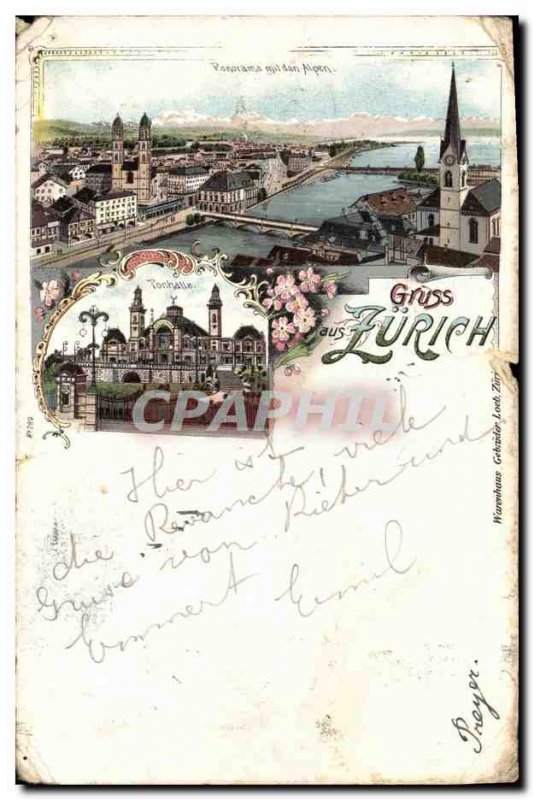 Old Postcard Switzerland Zurich Panorama mit den Alpen