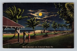 Hollywood Beach FL-Florida, Moonlight Over Beach, Linen c1953 Postcard 