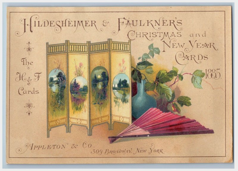 1885 Hildesheimer & Faulkner Printers Christmas New Years Trade Cards #3 3R