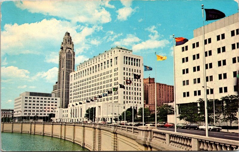 Columbus Ohio State Department Building Streetview Old Cars Chrome Postcard