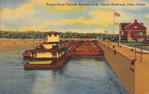 JOLIET, IL Illinois  BARGE SHIP In BRANDON LOCKS WATERWAY  c1940's Postcard