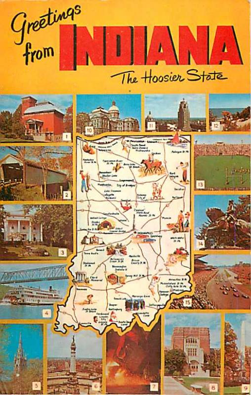 Greetings from Indiana The Hoosier State Map Card IN