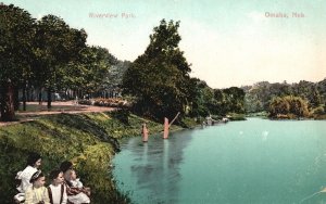 Vintage Postcard Riverview Park Lake Recreation Area Forest Trees Omaha Nebraska