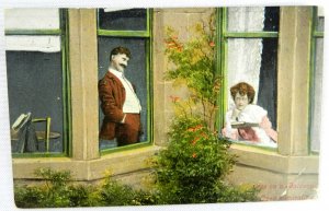 Young Neighbors Meet and Fall in Love - Love on a Balcony - Vintage Postcard