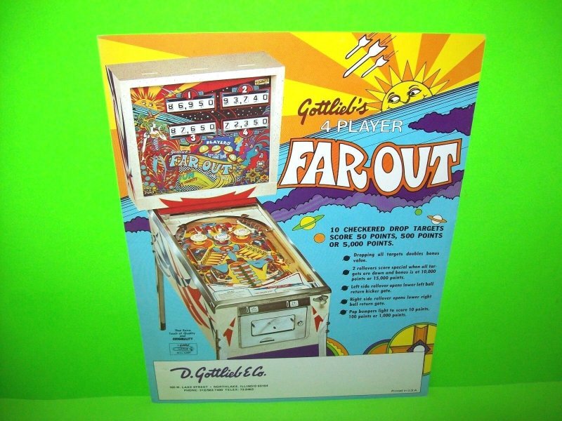 Far Out Pinball Flyer Original 1974 Game Art 8.5 x 11 Vintage Retro Mod Groovy