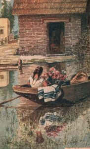 Vintage Postcard 1910's Lady Flowers Seller Boating Xochimilco Mexico D. F. Art 