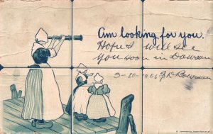 Vintage Postcard 1906 Looking For You Three Dutch Women Standing Sea Water Comic