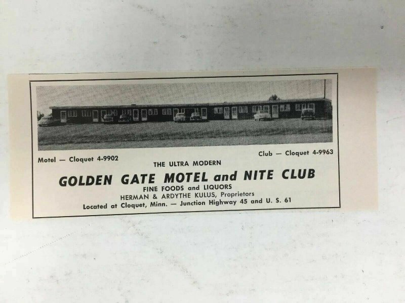 Golden Gate Motel and Nite Club Vintage Print Ad Cloquet Minnesota Picture