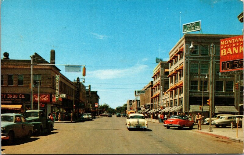 West on Second Ave North Billings Montana Postcard B1 Coca Cola Cars Bank Clock