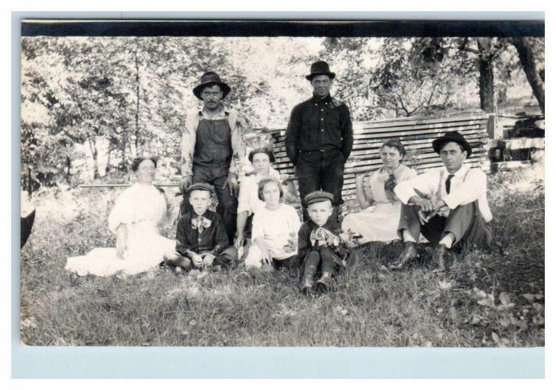 RPPC FARM FAMILY POSING ~Man in OVERALLS ~ Building a HOUSE? c1910s  Postcard