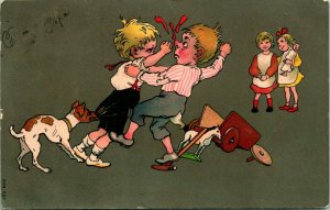 Vtg Comic Postcard 1907 Children Fist Fighting Girls Watching Dog Bloody Nose