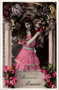 Hand Colored New Year Real Photo Postcard Young Woman Flowers Bonne Anne