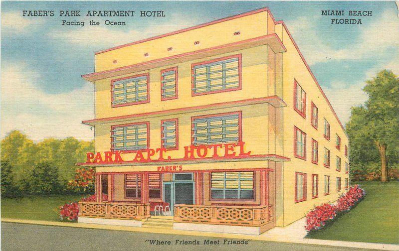 1930s Miami Beach Florida Fabers Park Apartment Hotel Linen Advertising Postcard