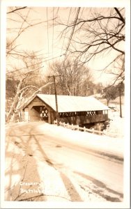 Real Photo Postcard Snowy Creamery Bridge during winter in Brattleboro, Vermont