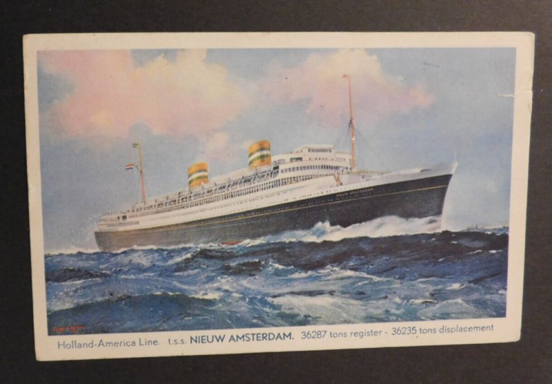 1939 Ship Postcard Cover From London to CT T.S.S. Nieuw Amsterdam.